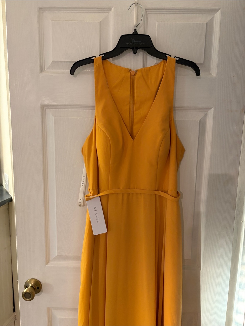 Azazie Golden Mustard V-Neck Sleeveless Midi Dress
